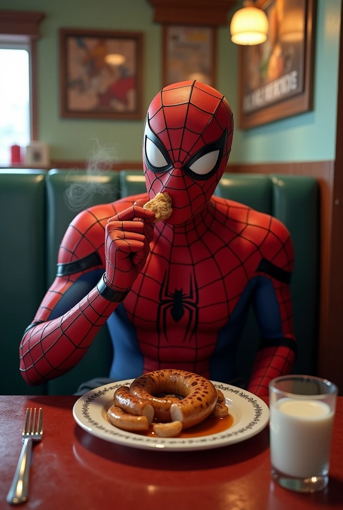Spiderman eating sausages with milk