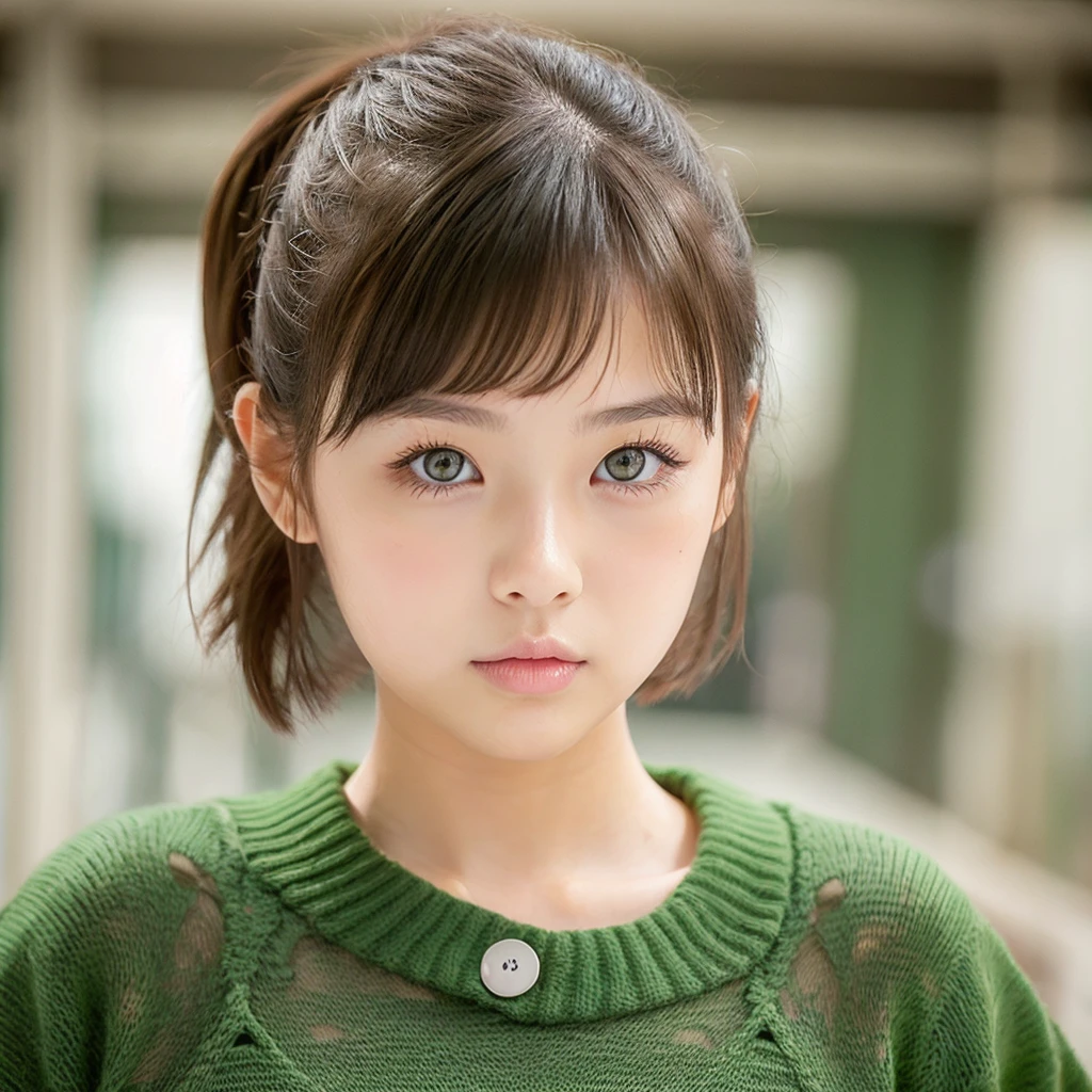 Japanes girl , jr high, cute, short hair, green eyes, plump lips, model, idol, brown hair, hair in ponytail , young, big lips 