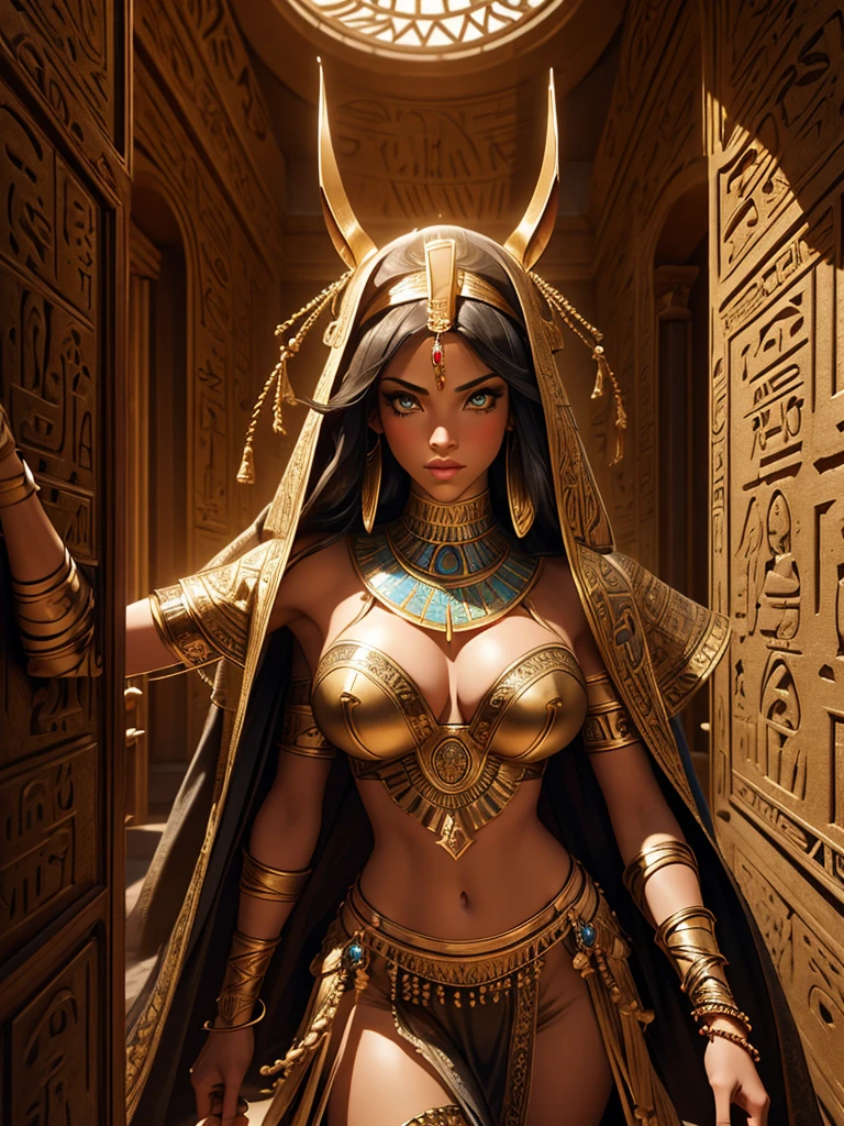 Luis royo art style, a highly detailed Egyptian tomb interior, intricate hieroglyphics covering the walls, a grand ornate doorway leading out to a vast desert landscape, a beautiful, busty Egyptian priestess of Anubis standing in the doorway, extremely detailed facial features, detailed clothing, jewelry and headdress, realistic skin textures, dramatic lighting, vibrant colors, photorealistic, 8k, best quality, cinematic, masterpiece