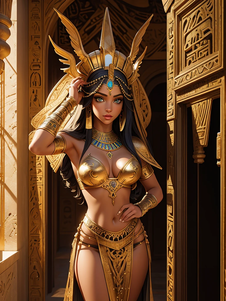 Luis royo art style, a highly detailed Egyptian tomb interior, intricate hieroglyphics covering the walls, a grand ornate doorway leading out to a vast desert landscape, a beautiful, busty Egyptian priestess of Anubis standing in the doorway, extremely detailed facial features, detailed clothing, jewelry and headdress, realistic skin textures, dramatic lighting, vibrant colors, photorealistic, 8k, best quality, cinematic, masterpiece