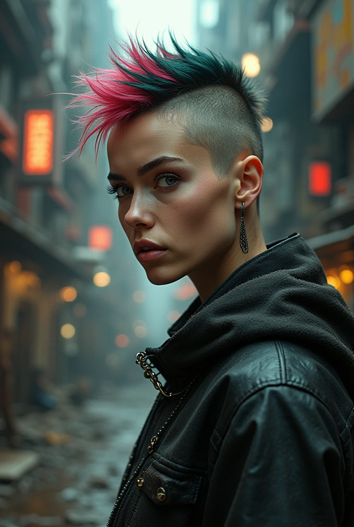 portrait 1 young woman ,science fiction, complex background punk, mad max , futuristic, post-apocalyptic, dark, dim light, ((masterpiece, best quality, )),