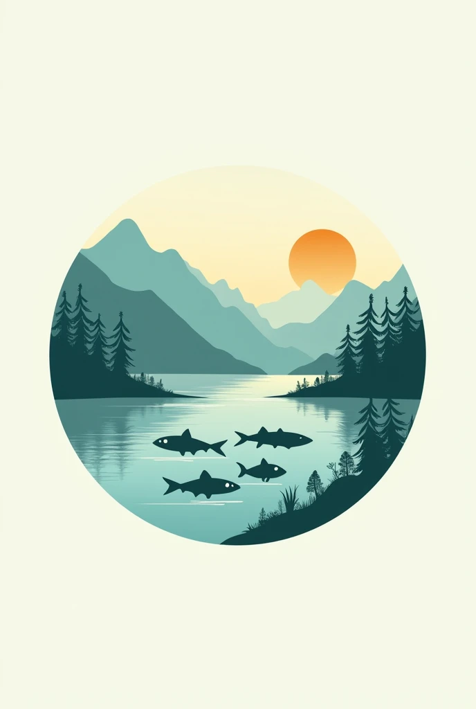 Draw three variants of fish processing plant logo in soft turquoise tones in lake fish around lake mountains rising sun