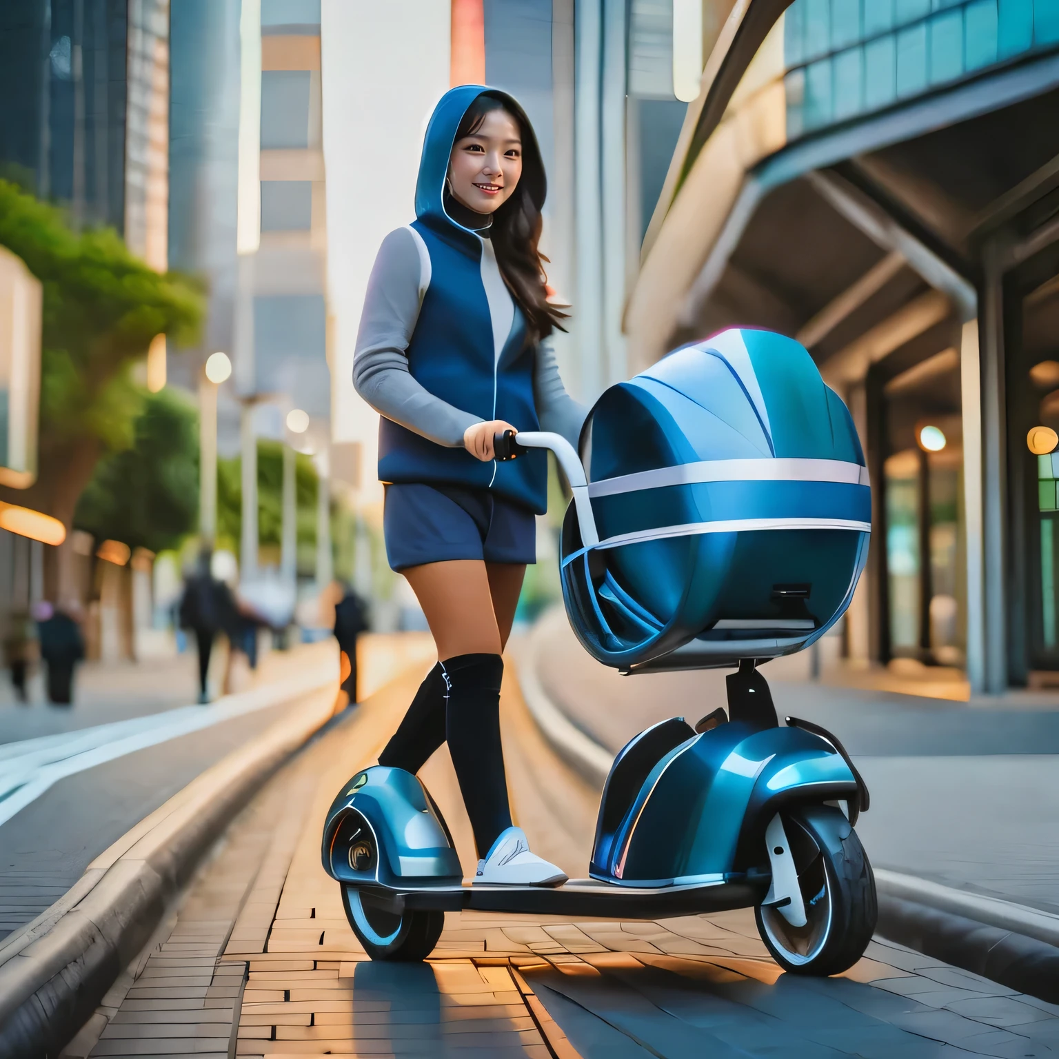 Masterpiece,high resolution,8k,Perfect Face,Perfect body。Smiling woman, 20 years old, in futuristic costume。A realistic Hollywood live-action drama about a boy pushing a futuristic capsule stroller。