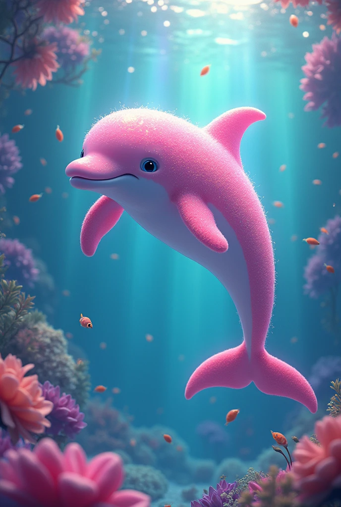 a pink dolphin with rainbow