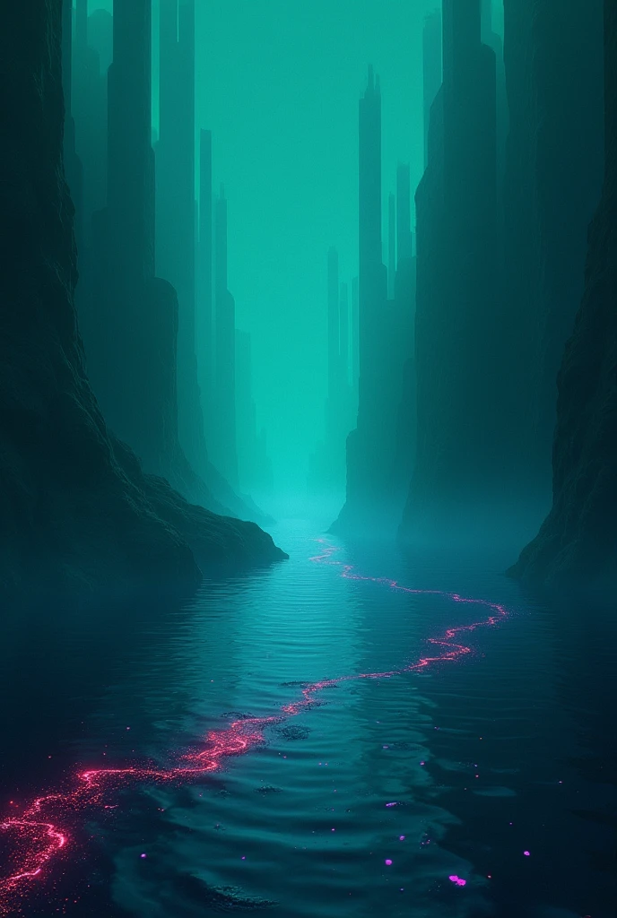 Create a dark scene with colors: green water, dark blue, pastel blue, roxo e vermelho com uma borda no tom dark blue e listras em um tom de azul mais claro