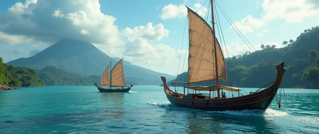 Ancient Ternate island, Maluku, Indonesia, Corcora ships with outrigger, hyper realistic, masterpiece, best quality, ultra-detailed, UHD, 64K