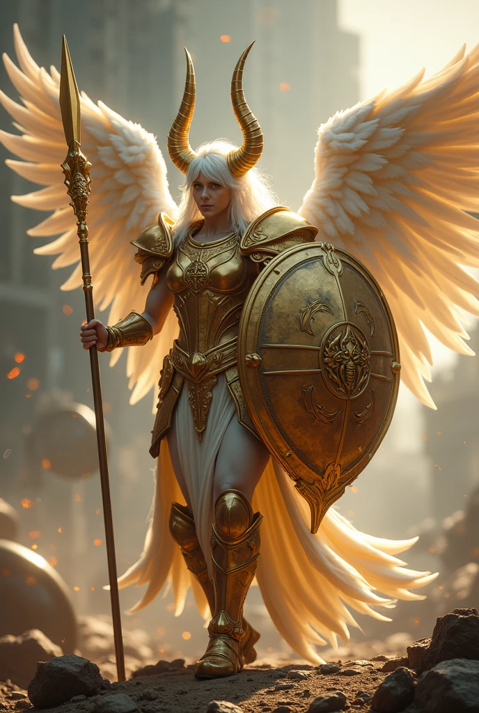 with horns, white angel wings, rays coming out of your body, in one hand a spear and in the other a large, heavy shield, golden armor with symbols of a scorpion. Futuristic War Background