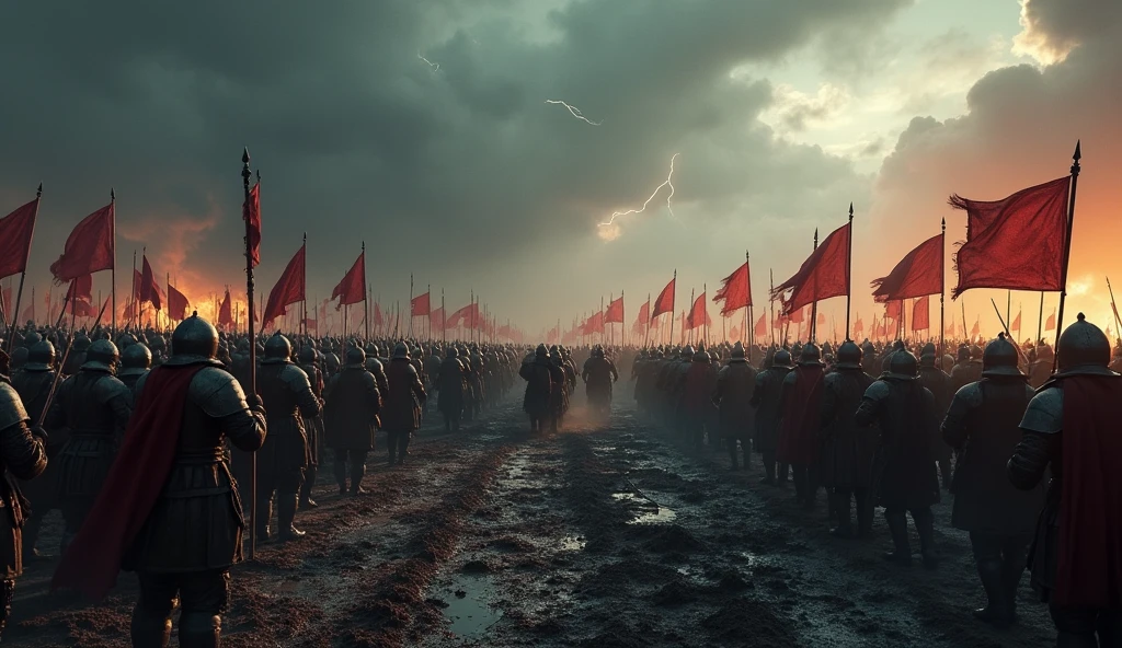 A cinematic and dark depiction of a large-scale medieval battle, capturing its intense and chaotic nature. The scene unfolds under a stormy, foreboding sky, with dark clouds and occasional flashes of lightning illuminating the chaos below. Massive armies clash on a war-torn battlefield, with knights in battered armor and foot soldiers engaged in fierce combat amidst a sea of mud and debris. Smoke and fire billow from burning siege engines and destroyed fortifications. The clash of steel and the cries of warriors create a visceral, dramatic atmosphere. Blood-soaked ground and scattered weapons enhance the grim reality of the conflict, emphasizing the scale and brutality of medieval warfare., Surrealism, Hyperrealism, UHD, retina, masterpiece, accurate, anatomically correct, textured skin, super detail, 16k