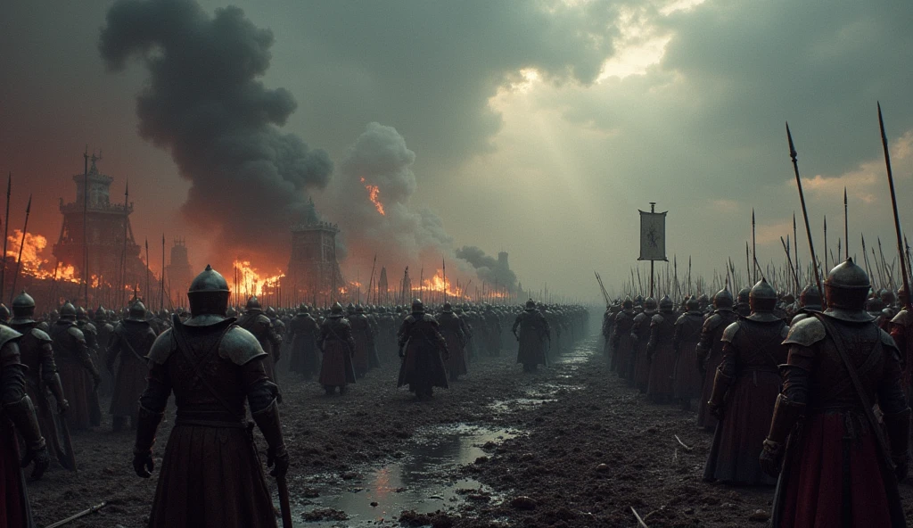 A cinematic and dark depiction of a large-scale medieval battle, capturing its intense and chaotic nature. The scene unfolds under a stormy, foreboding sky, with dark clouds and occasional flashes of lightning illuminating the chaos below. Massive armies clash on a war-torn battlefield, with knights in battered armor and foot soldiers engaged in fierce combat amidst a sea of mud and debris. Smoke and fire billow from burning siege engines and destroyed fortifications. The clash of steel and the cries of warriors create a visceral, dramatic atmosphere. Blood-soaked ground and scattered weapons enhance the grim reality of the conflict, emphasizing the scale and brutality of medieval warfare., Surrealism, Hyperrealism, UHD, retina, masterpiece, accurate, anatomically correct, textured skin, super detail, 16k