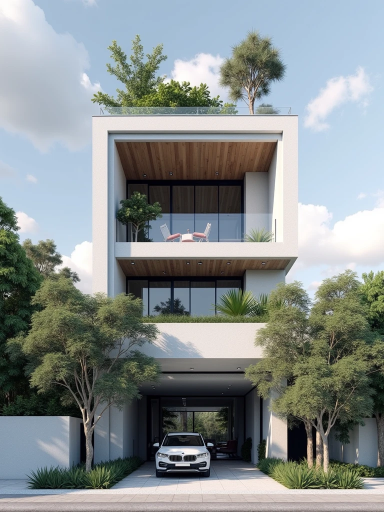 masterpiece, (photorealistic:1.2), best quality, ultra high res, exterior,architechture,modern house,white wall, glass windows,,trees,traffic road,design,trees around, blue sky,in the style of realistic hyper-detailed rendering, 32k uhd, low-angle, composite construction, piles/stacks, innovative page design, daylight,render( Vray:1.1)