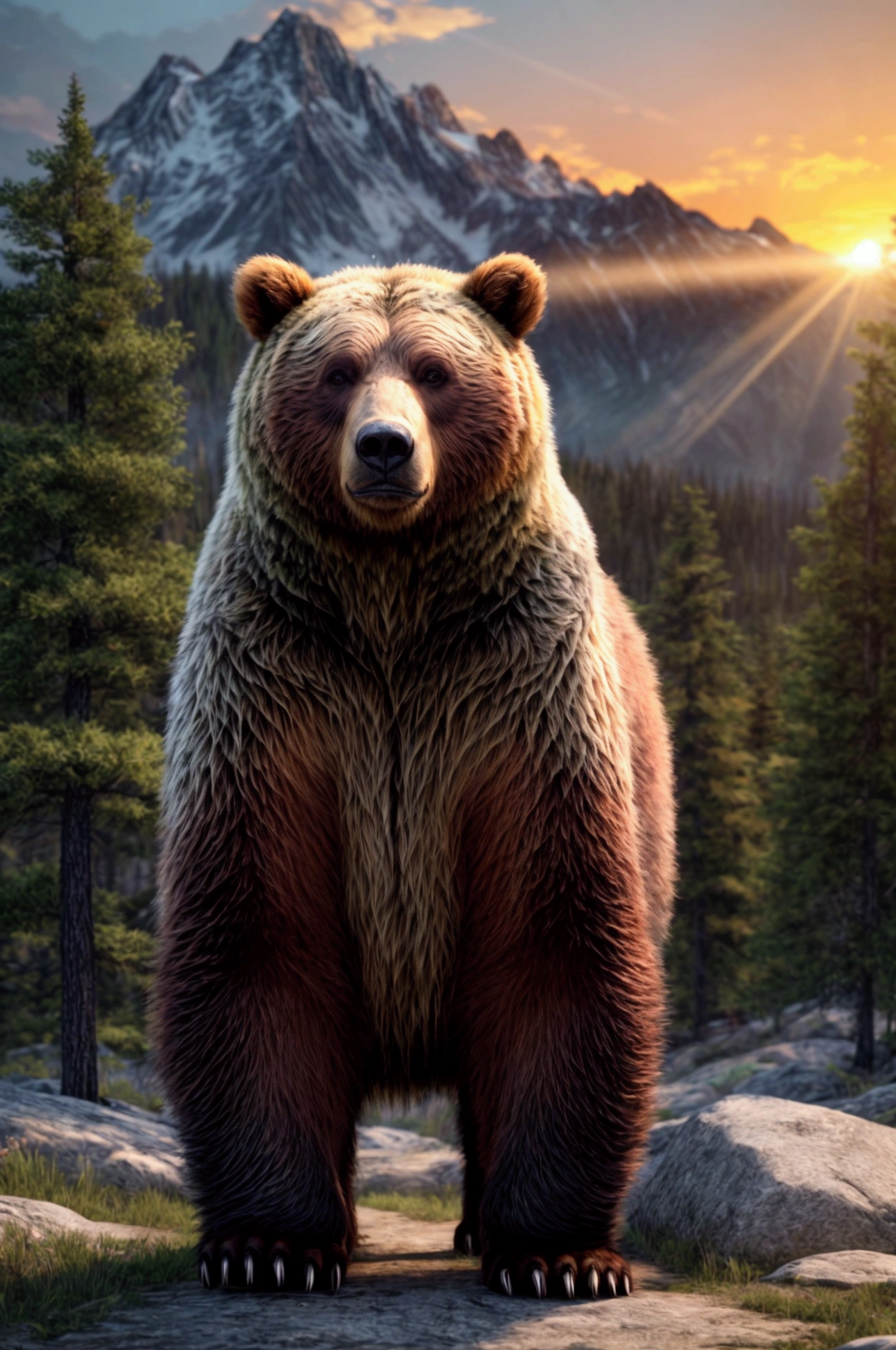 A huge grizzly bear standing on a mountain forest trail、It raises its powerful paws in a threatening pose.。Dramatic sunset lighting、Very detailed、Cinematic、Photorealistic、8k、masterpiece、Super detailed、Real、Physically Based Rendering、Bright colors、Sharp focus、