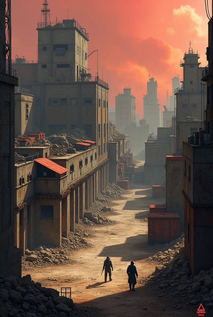 Generate an image of a post-apocalyptic base built on a warehouse.