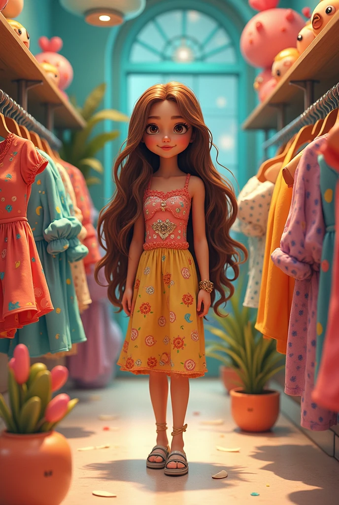 White woman long brown hair, inside a cartoon clothing and accessories boutique