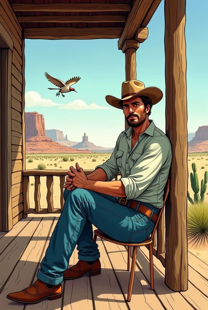 Hyperrealistic color comic 1950s a young cowboy sits on the ranch porch in the desert a lark flies around him