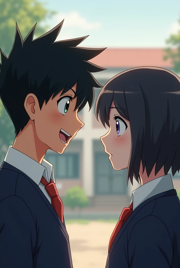 age boy with happy expression of black hair and school uniform in front of a teengirl with short black hair and school uniform with a sad expression and background them in a school