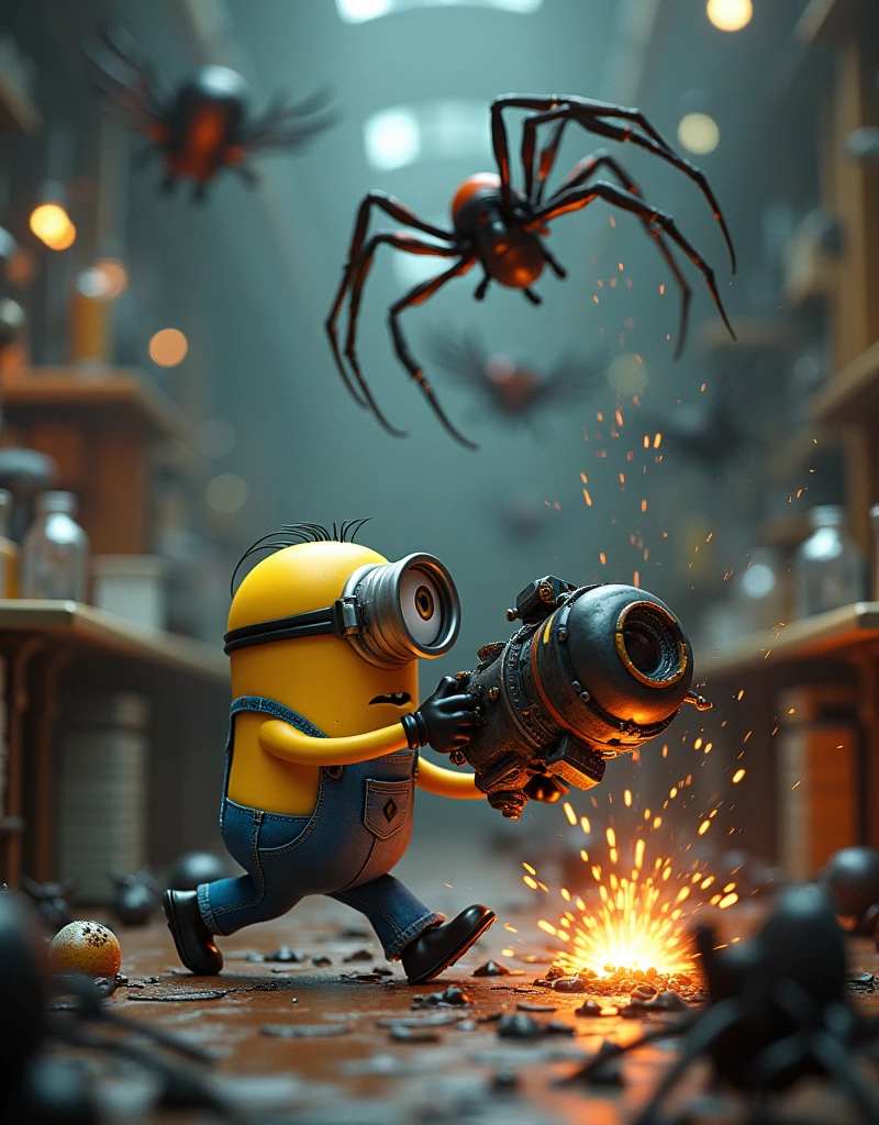 Minion Kevin pushes a large machine towards the spiders, create a small explosion. The lab was in chaos with equipment scattered everywhere.. Kevin is highly focused., quickly worked on the lab bench to complete his weapon.