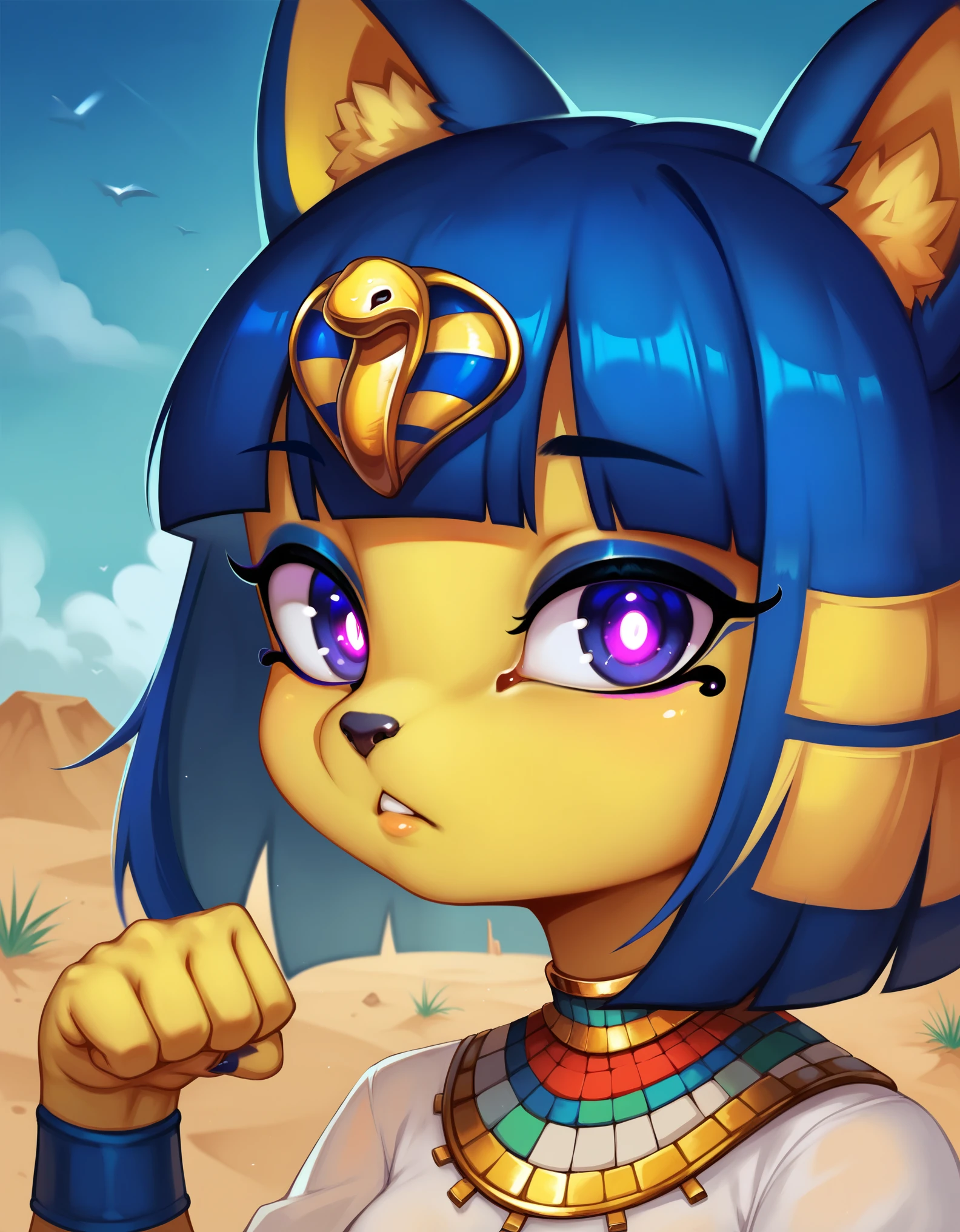 score_9, score_8_up, score_7_up, shadowillstyle, depth of field, 1girl, furry, ankha \(animal crossing\), expressionless, eye reflection, yellow background, yellow theme, blue background, desert, spiral eyes, purple eyes, glowing eyes, wide-eyed, paw pose, looking at viewer, close-up, parted lips, by photonoko