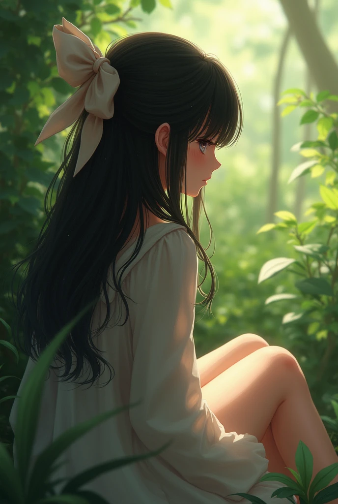 a girl from behind, black hair, brown skin color, with Coquette bow in hair, sitting in the garden, where his face cannot be seen
