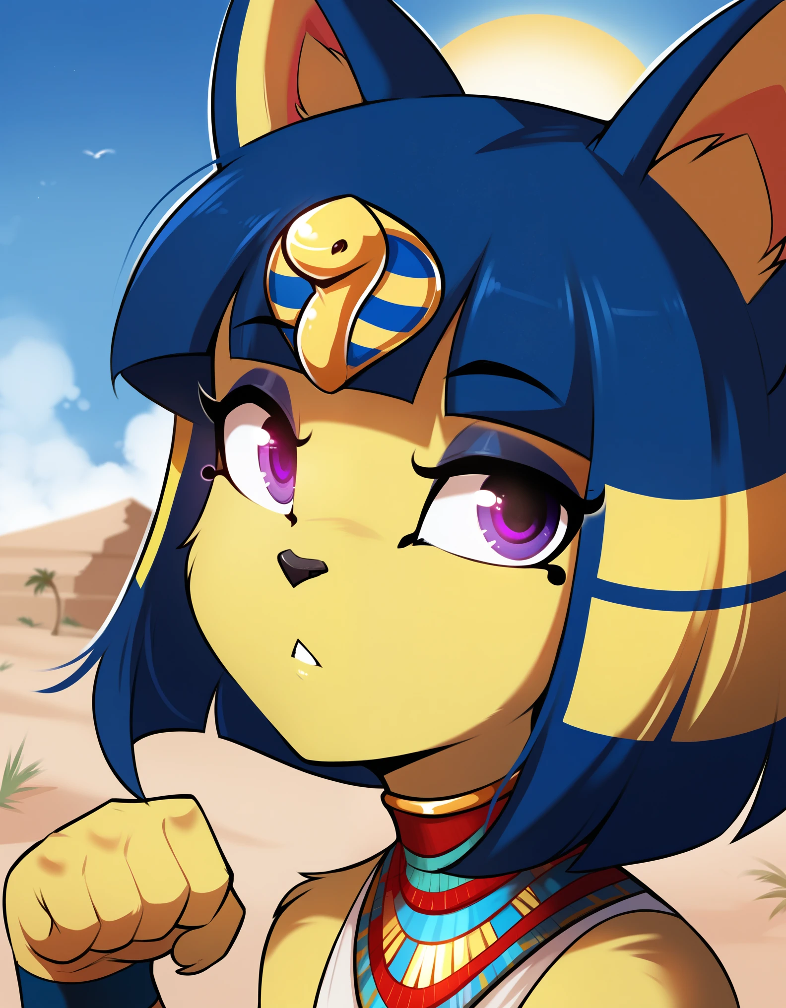 score_9, score_8_up, score_7_up, shadowillstyle, depth of field, 1girl, furry, ankha \(animal crossing\), expressionless, eye reflection, yellow background, yellow theme, blue background, desert, spiral eyes, purple eyes, glowing eyes, wide-eyed, paw pose, looking at viewer, close-up, parted lips, tomfischbach