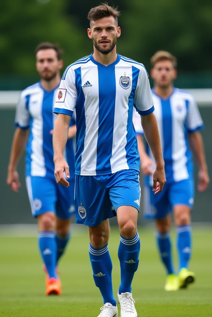 Soccer team uniforms with white and blue stripes