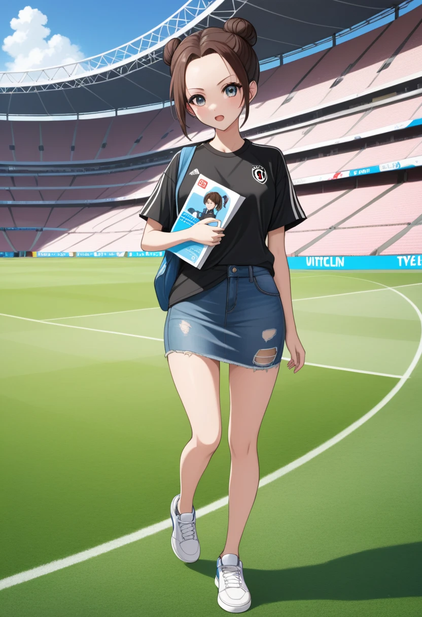 realistic anime illustration of  young woman is holding a pamphlet and paper fan at stadium, she has black bun (+forehead, multicolored hair, brown hair), she wearing black loosed soccer shirt, light-blue denim pencil mini skirt, white sneakers, (1girl, solo, full body), (masterpiece, best quality, japanese anime style), (expressive eyes, perfect face)