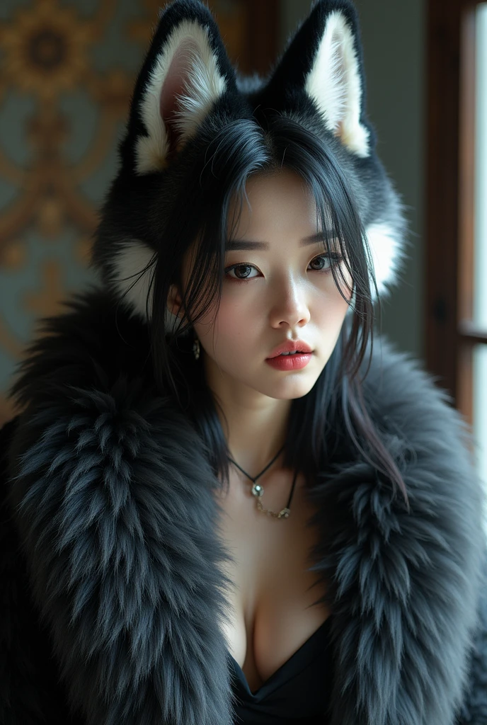 (Heavy chest)、Highest quality、masterpiece、超High resolution、(Highest quality,8k,RAW Photos,Realistic,High resolution:1.2),Beautiful woman who became a dog、Beautiful woman in fur、Korean women、Perfect cleavage,Wearing fur、Scheming Faces、Evil look、Siberian Husky fur and ears,Jack 3tdr3ss