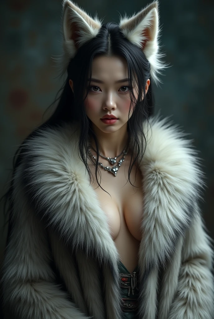 (Heavy chest)、Highest quality、masterpiece、超High resolution、(Highest quality,8k,RAW Photos,Realistic,High resolution:1.2),Beautiful woman who became a dog、Beautiful woman in fur、Korean women、Perfect cleavage,Wearing fur、Scheming Faces、Evil look、Siberian Husky fur and ears,Jack 3tdr3ss