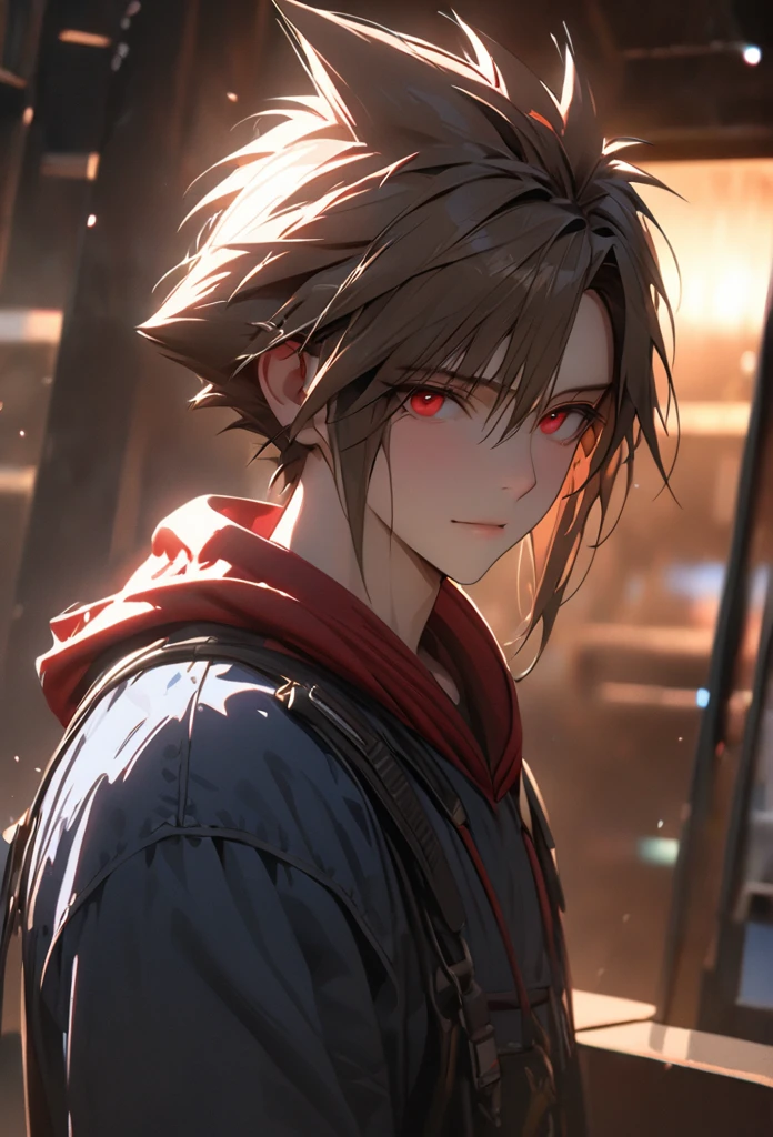  1boy, dark brown hair, hair likes cloud strife, red hoodie, blue jeans, pretty, tall, emotionless, short, light red eyes, high detail, masterpiece, super detail, high details, high quality, best quality, pretty, tall, cold smile, ((male face)), handsome, solo, looking at viewer, light, 4k quality,cinematic lighting, ray tracing, depth of field, cinematic lighting, ray tracing, UHD, high details, best quality, highres, high quality, award winning, super detail, masterpiece, 8k, UHD, high details, best quality, highres, high quality, award winning, super detail, masterpiece, 8k, digital art, anime coloring, full body, body shot, good face, perfect face, detailed face, good eyes, lab background, science lab,