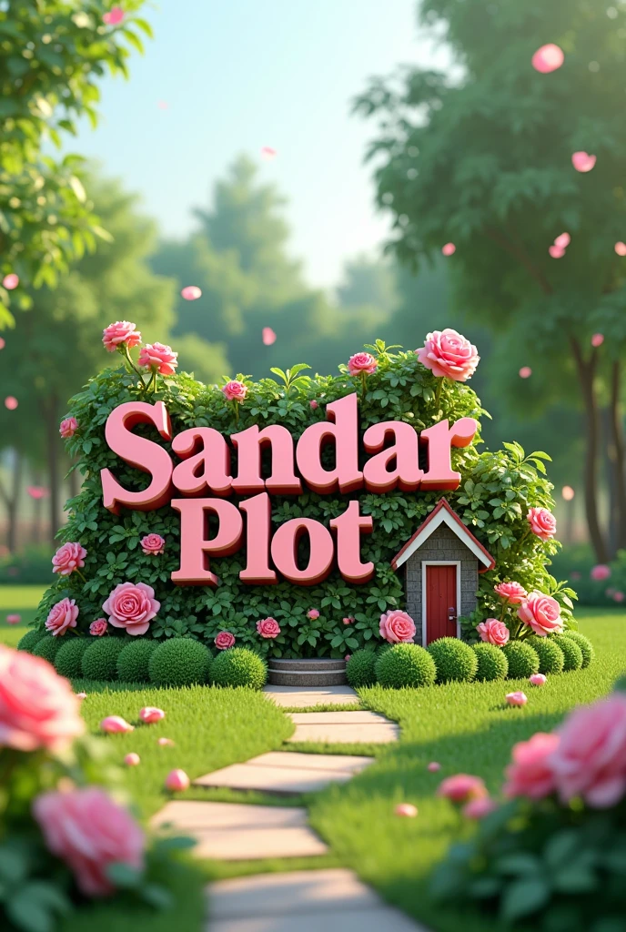 3d Logo art with real estate theme,garden,rose,grass,trees,flowers,small garden house, stylish font,font color pink
Business name is"Sandar Plot"