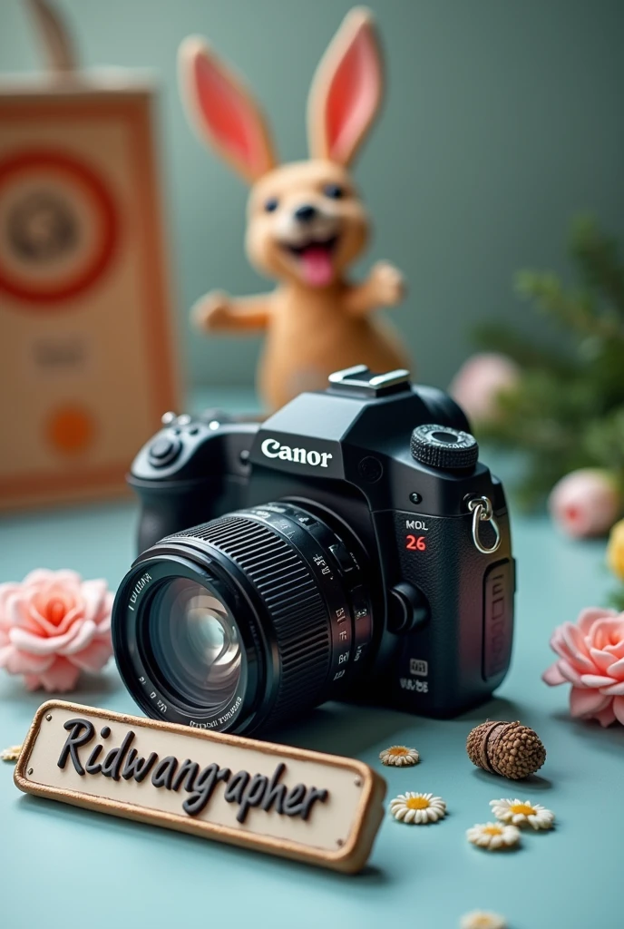 Photo of DSLR camera on the table and there is an Instagram doll and there is a Ridwangrapher nameplate with unique decorations