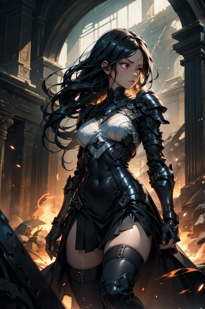 Dark-haired Scandinavian girl wearing half-plate armor and a frilly skirt over a skin-tight black bodysuit, (Long black hair:1.4), Red eyes,Attractive breasts、High resolution (High Dynamic Range), Ray Tracing, NVIDIA, Super Resolution, Scattered under the surface, Anisotropic Filtering, Written boundary depth ,Maximum clarity and sharpness, Surface Shading, Dramatic lighting、In the burning ruins、Flames and smoke in the background