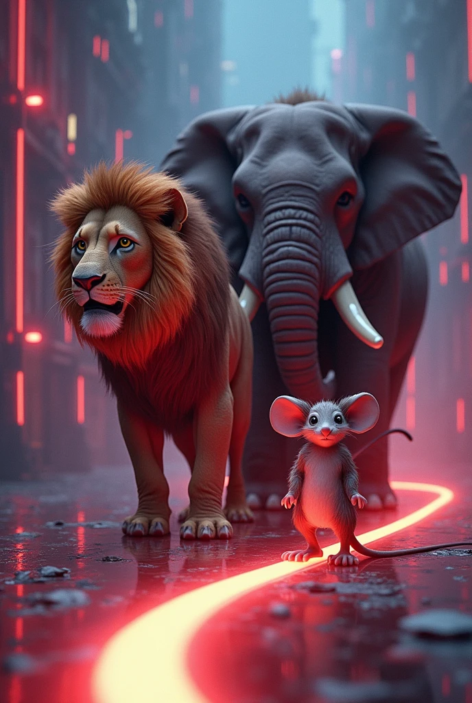 A lion with elephant road neon and mouse with human