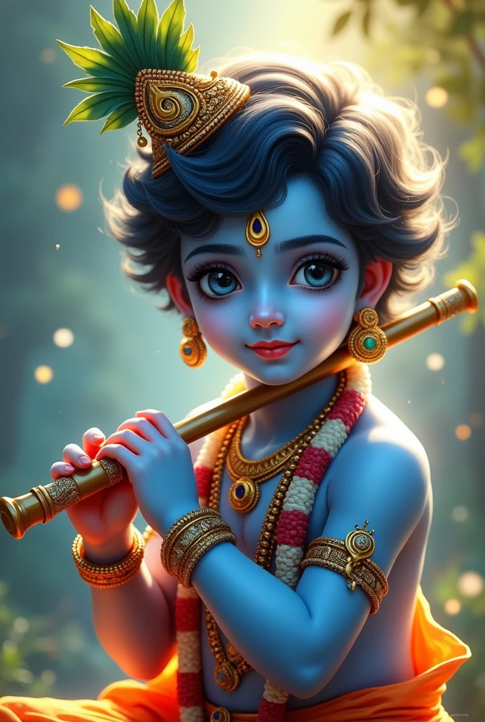 Shree krishna as youth with his body blue in colour and well defined face a flute in his hand wallpaper