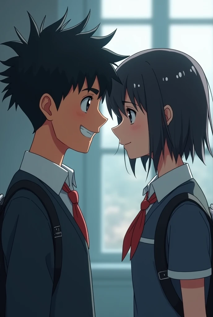 Teenage boy with happy expression of black hair and school uniform in front of a teenage girl with short black hair and school uniform with a sad expression and background them in a school