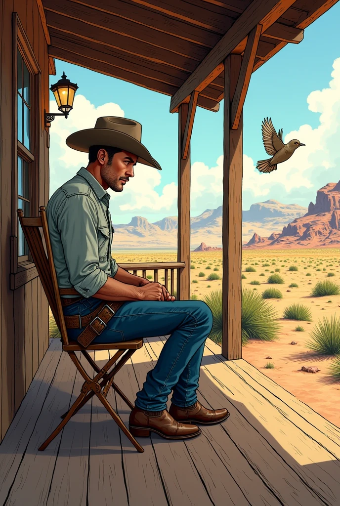 Hyperrealistic color comic 1950s a young cowboy sits on the ranch porch in the desert a lark flies around him