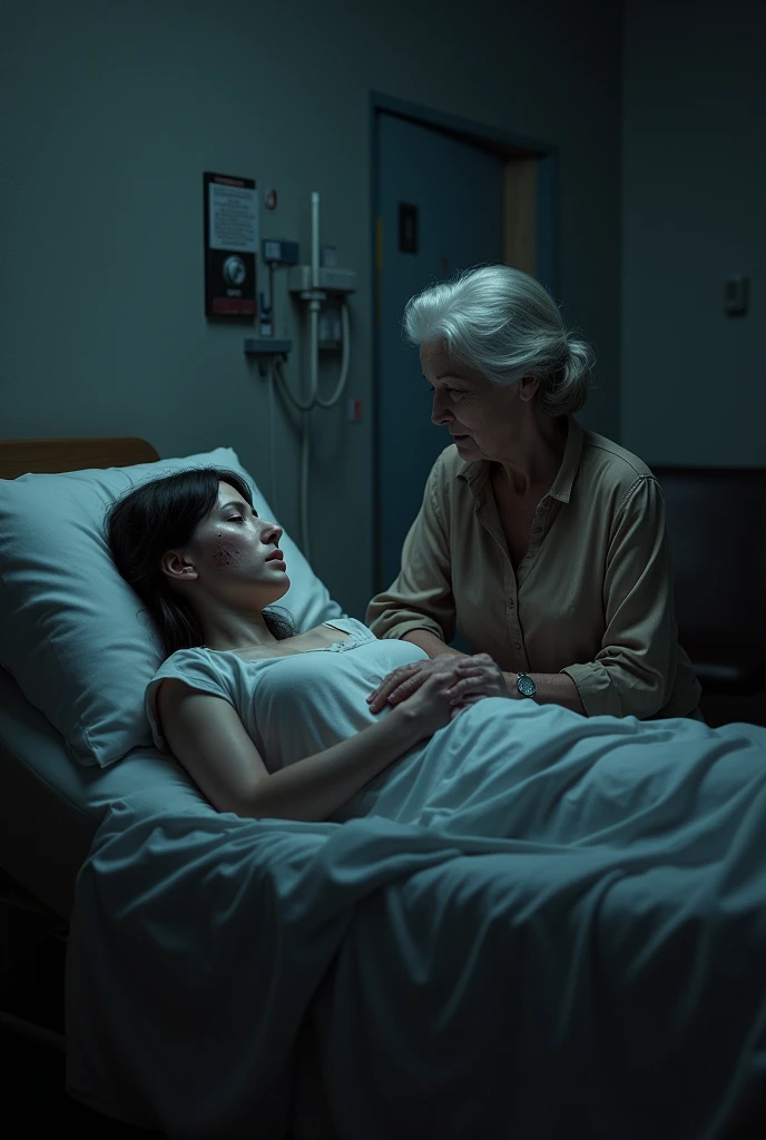 Dark image of a young woman in the hospital and an elderly woman at the bedside talking
