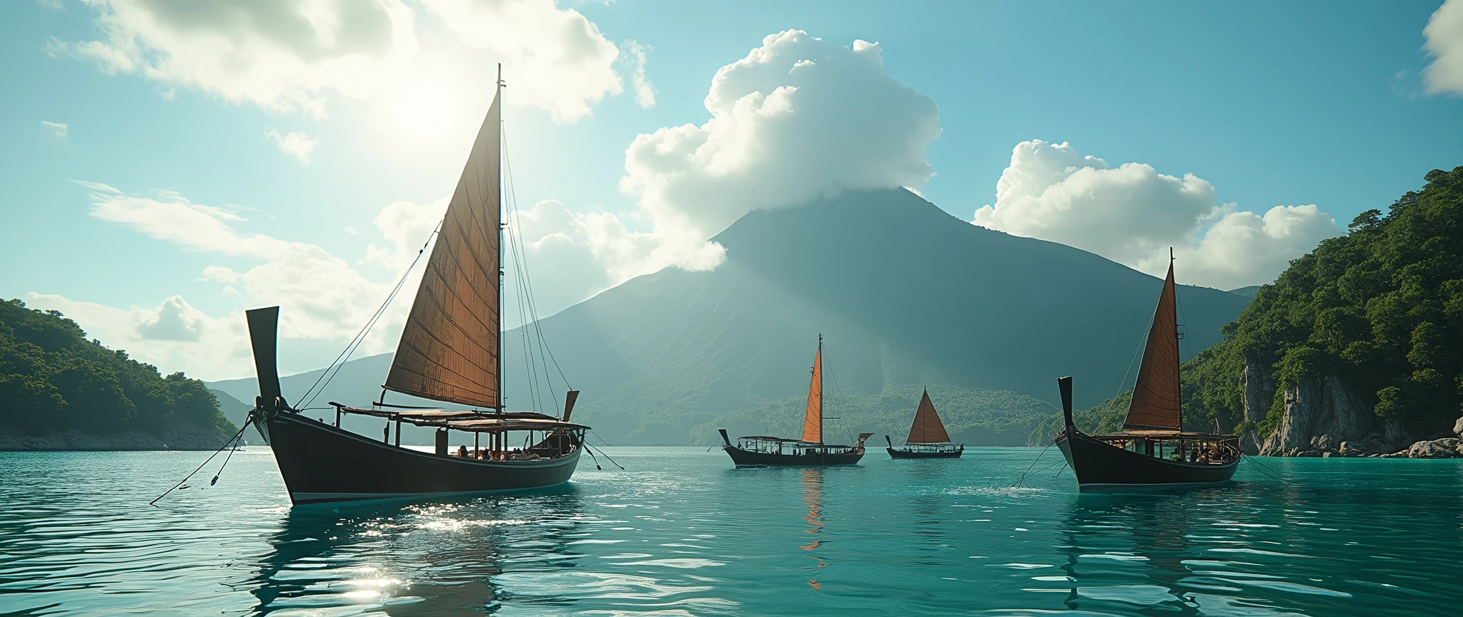 Ancient Ternate island, Maluku, Indonesia, Corcora ships with outrigger, hyper realistic, masterpiece, best quality, ultra-detailed, UHD, 64K