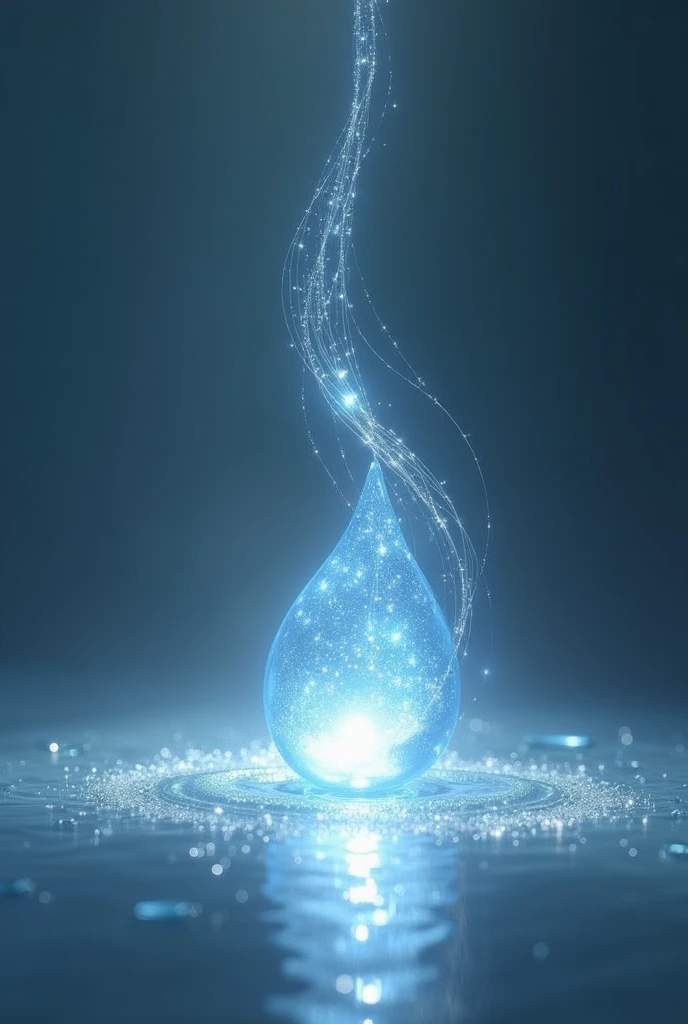 A drop of water in the shape of a spotlight with a ribbon of hair running down the drop