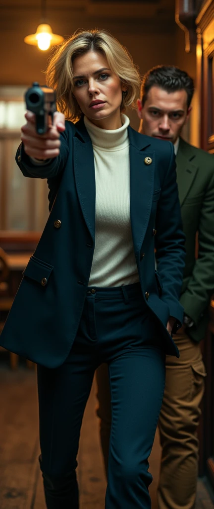 ((super photographic, superrealism)),(1 woman and 1 man is existence), 1 young man is hidden behind 007 woman, Front view, (( Action pose, one hand, straight punch:1.3)), action cinema, action scene , grip hand gun, Full body, solon, Actress of 007 , in Pub , (1 Scottish woman , 30 age old ,(gold hair, short cut, serious, glare at man), ((wearing Navy Blue blazer jacket, white turtleneck sweater, Navy Blue pants, leather black belt, brown shoes :1.5)) , Bond boy help 007, in entrance pub, sole (1 Scottish boy, 1, brown hair, short cut,,serious) (green brazer, brown pants, brown shoes ),((super detail, high details, high quality, accurate, anatomically correct, textured skin, beautiful fingers super detail, high details, high quality, best quality))
