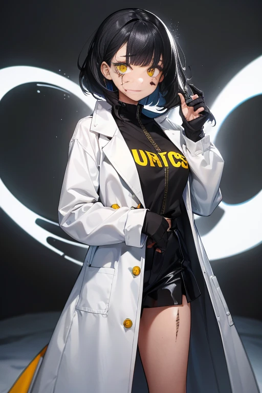 Girl with black hair falling to her shoulders, one white eye and one yellow eye, white scientist coat, black business clothes underneath, burn scar on her face, burn on her face, white eye scar