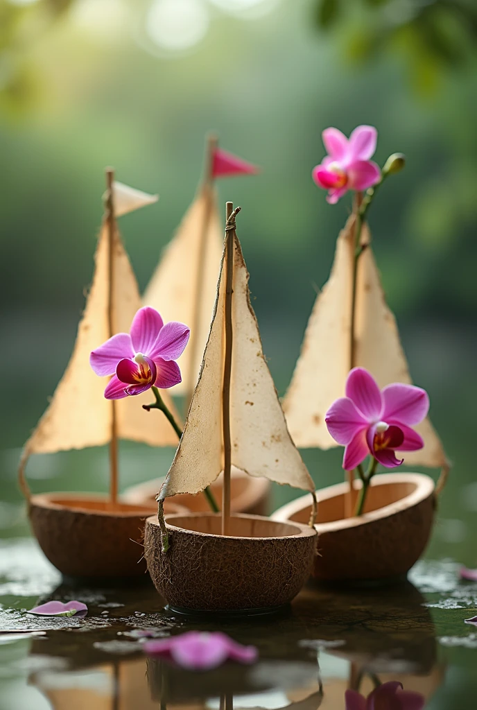 Coconut sail in coconut shell coffee sail in coffee cup pine sail in wooden container and orchid sail