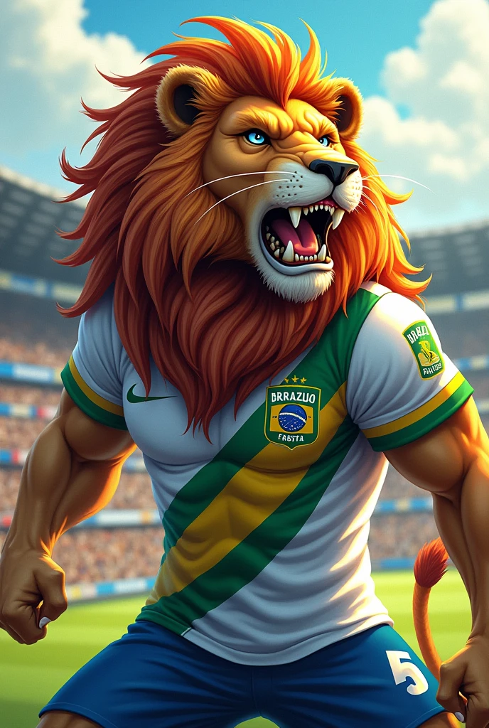 a lion mascot of a Brazilian football team, with white blue and yellow shirt