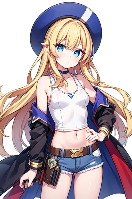1 person, masterpiece, macross delta splash art, Highest quality, White tank top, abdomen, short blue jeans, Small breasts, Cowboy hat, hip gun holster, Very sophisticated gun, Realistic guns, Colt Peacemaker in hand, Point the gun forward, Sheriff Badge, Bullets on the belt, Brown leather duster, Leather overcoat, Detailed eyes, Sparkling eyes, Beautiful Hands, Extremely elaborate hands, straight hands, Glowing Skin, Shiny Hair, blue eyes, Light blonde hair, expensive, Long Hair, Straight hair, whole body, United States Flag