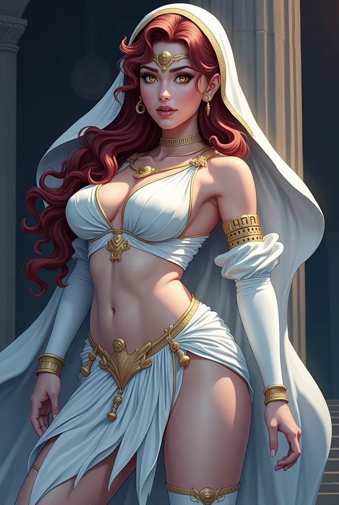 Girl, Alone, by the wide, looking at the viewer,, white skin ((gold eyes, big chest:1.5, wine red hair, long curly hair, yellow eyes, white egyptian battle clothes , muscular body, Beautiful lips, seductive eyes,bright lips, egyptian clothing , annoyed, he would be