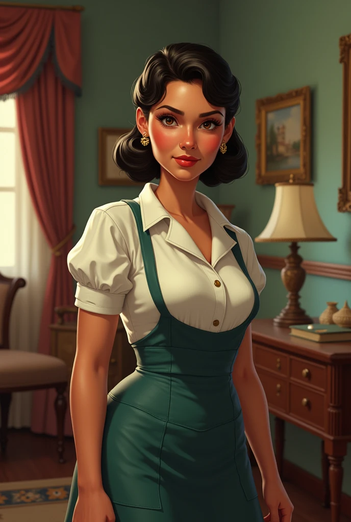 young woman from the 50s working as a servant, latina mestiza , with big breasts, Semi-robust.