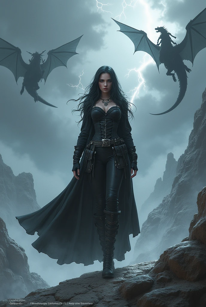 Woman in tight black leather pants, black soldier boots, a long-sleeved corset with swords attached around her waist, Her hair is black with silver tips, abundant and long. His black eyes, full lips, eyebrows and eyelashes thick and she is blushing from the cold. his expression is serious. Rays come out of it and go straight to the sky., the sky is grey and full of lightning. She is standing on a grey mountain. And in the sky giant dragons with riders