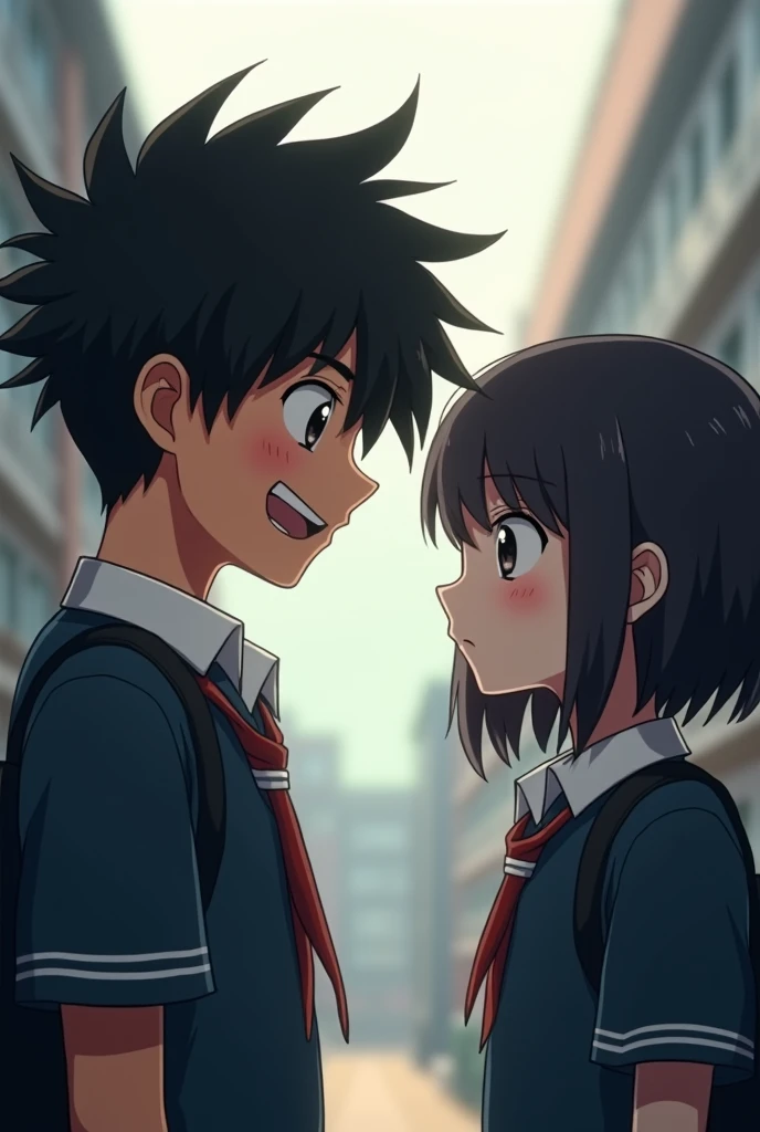 Teenage boy with happy expression of black hair and school uniform in front of a teenage girl with short black hair and school uniform with a sad expression and background them in a school 
