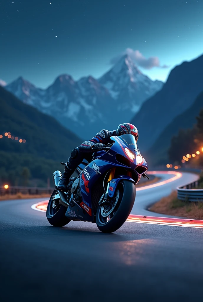 Motorcycle riding on a track with a beautiful night landscape