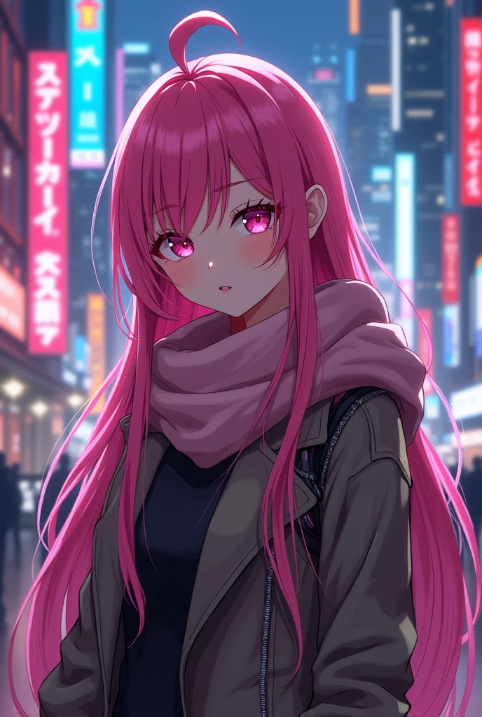 1girl, long pink hair,chihaya anon, wearing jacket, scarf, cyberpunk city, looking at viewer with a warm look, masterpiece, latest, vibrant color