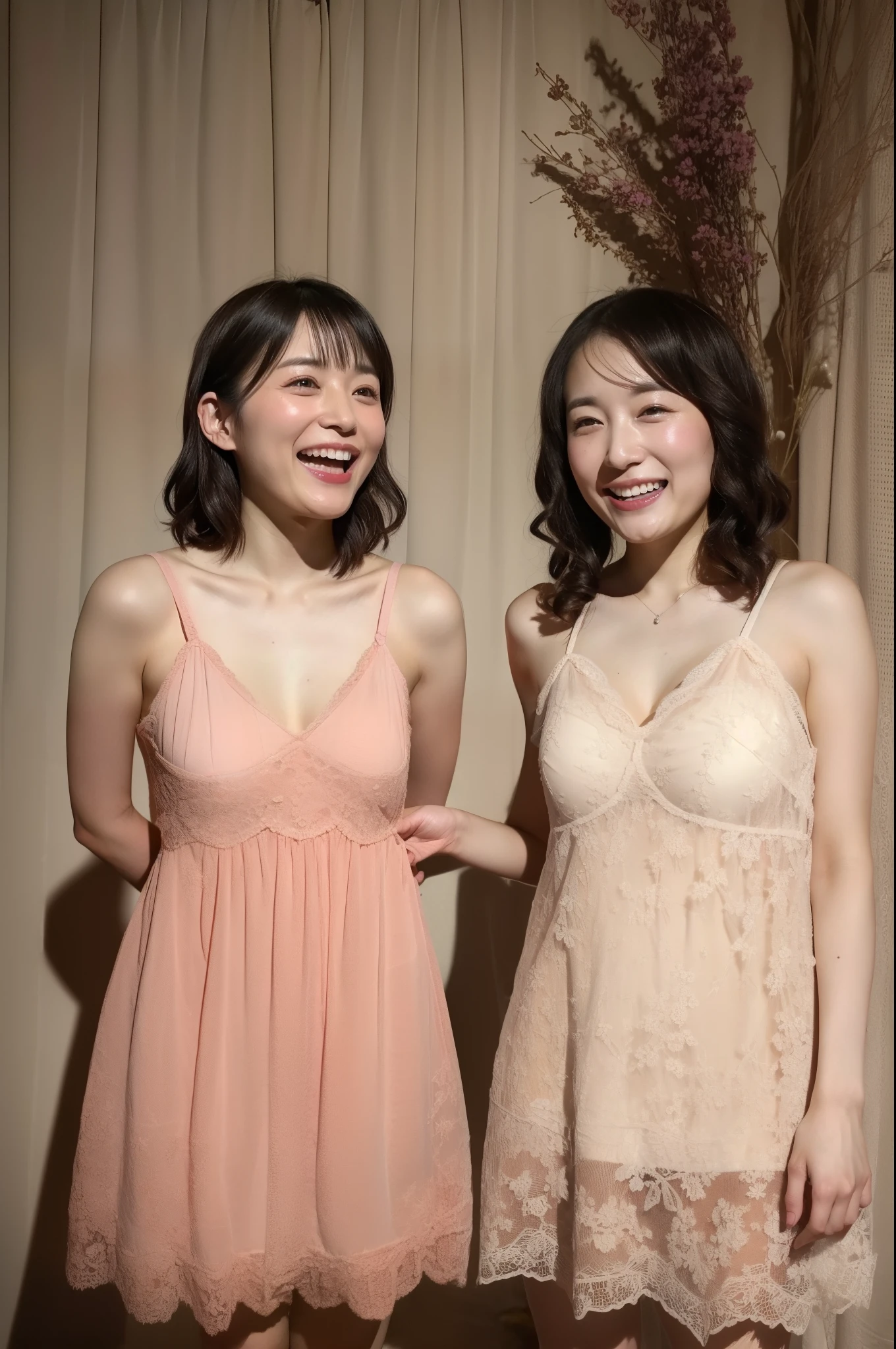 Two Japanese people, aged 20 and 50、A large, see-through negligee、Laughter、masterpiece、Highest quality